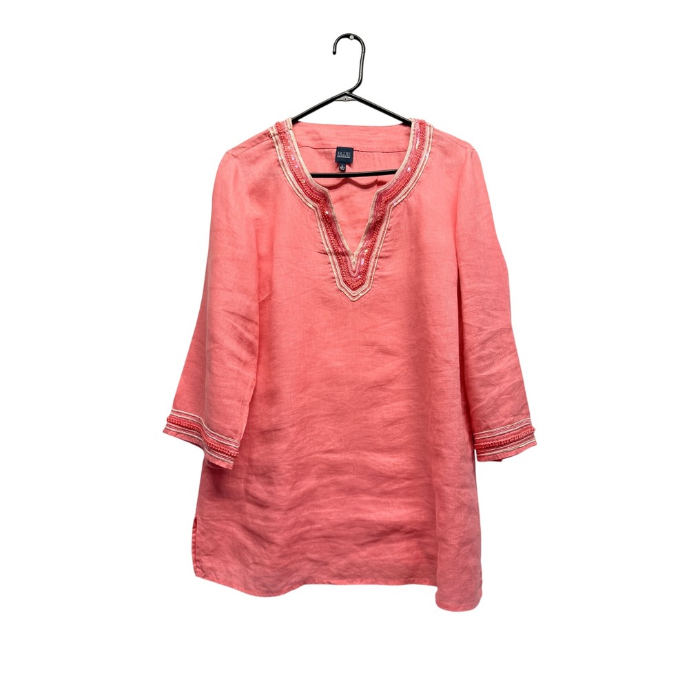 BLUE Saks Fifth Avenue‎ Linen Tunic Embroidered Sequin Large Coral Pink Women